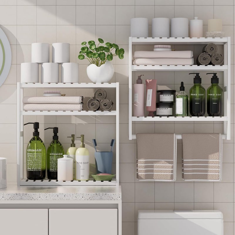 PPN Towel Rack Bathroom Storage Shelves Over The Toilet with Towel Bar 100% Bamboo Adjustable Height Floating Shelf Wall Shower Shelf for Small Space Bathroom Kitchen Multi Usage White New 2Pack - Image 1